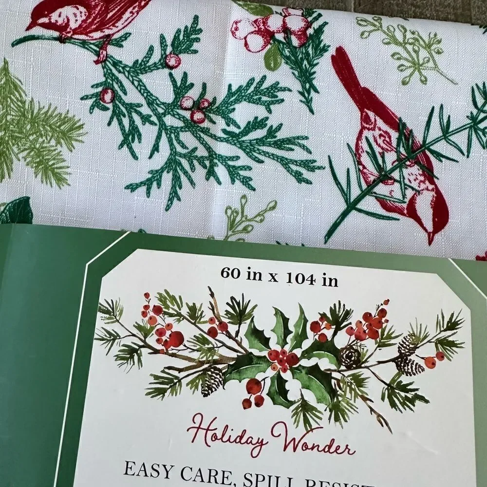 Christmas Tablecloth Botanical Bird Pine Tree Print